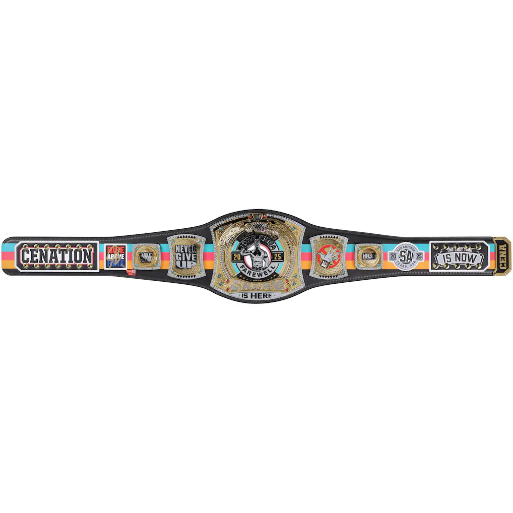 A Cenation All Star Wrestling Championship belt laid flat against a white background. The black leather strap features multiple gold, silver, and multicolor metallic and plastic plates with various event logos and text.
