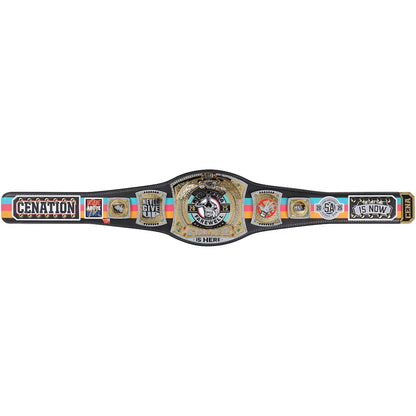 A Cenation All Star Wrestling Championship belt laid flat against a white background. The black leather strap features multiple gold, silver, and multicolor metallic and plastic plates with various event logos and text.