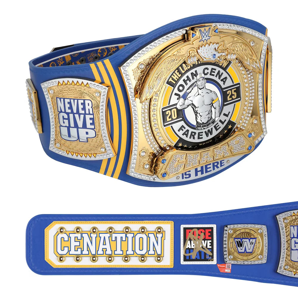 Wrestling championship belt with 'John Cena Farewell' text and logos on a white background