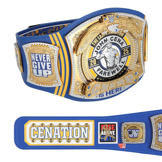 Wrestling championship belt with 'John Cena Farewell' text and logos on a white background