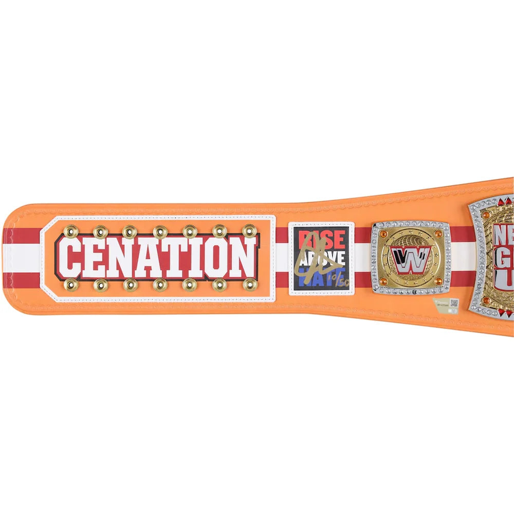 An orange and white wrestling championship belt featuring the name 'CENATION' in large white letters with red outlines, gold studs, and a central 'RISE ABOVE LAZY' plaque, shown on a plain white background.