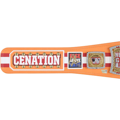 An orange and white wrestling championship belt featuring the name 'CENATION' in large white letters with red outlines, gold studs, and a central 'RISE ABOVE LAZY' plaque, shown on a plain white background.