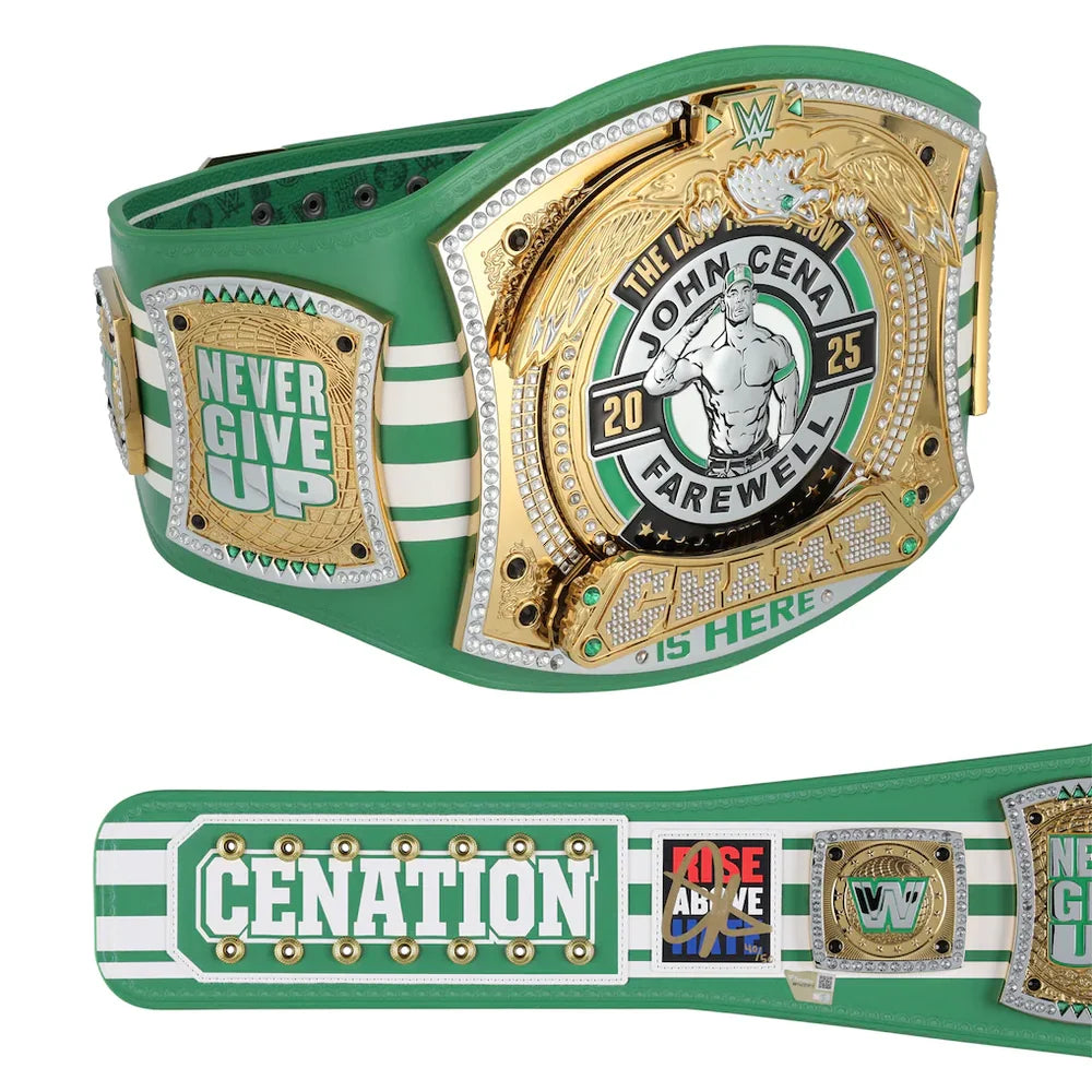 Wrestling championship belt with green and gold design, featuring text and logos.