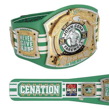 Wrestling championship belt with green and gold design, featuring text and logos.