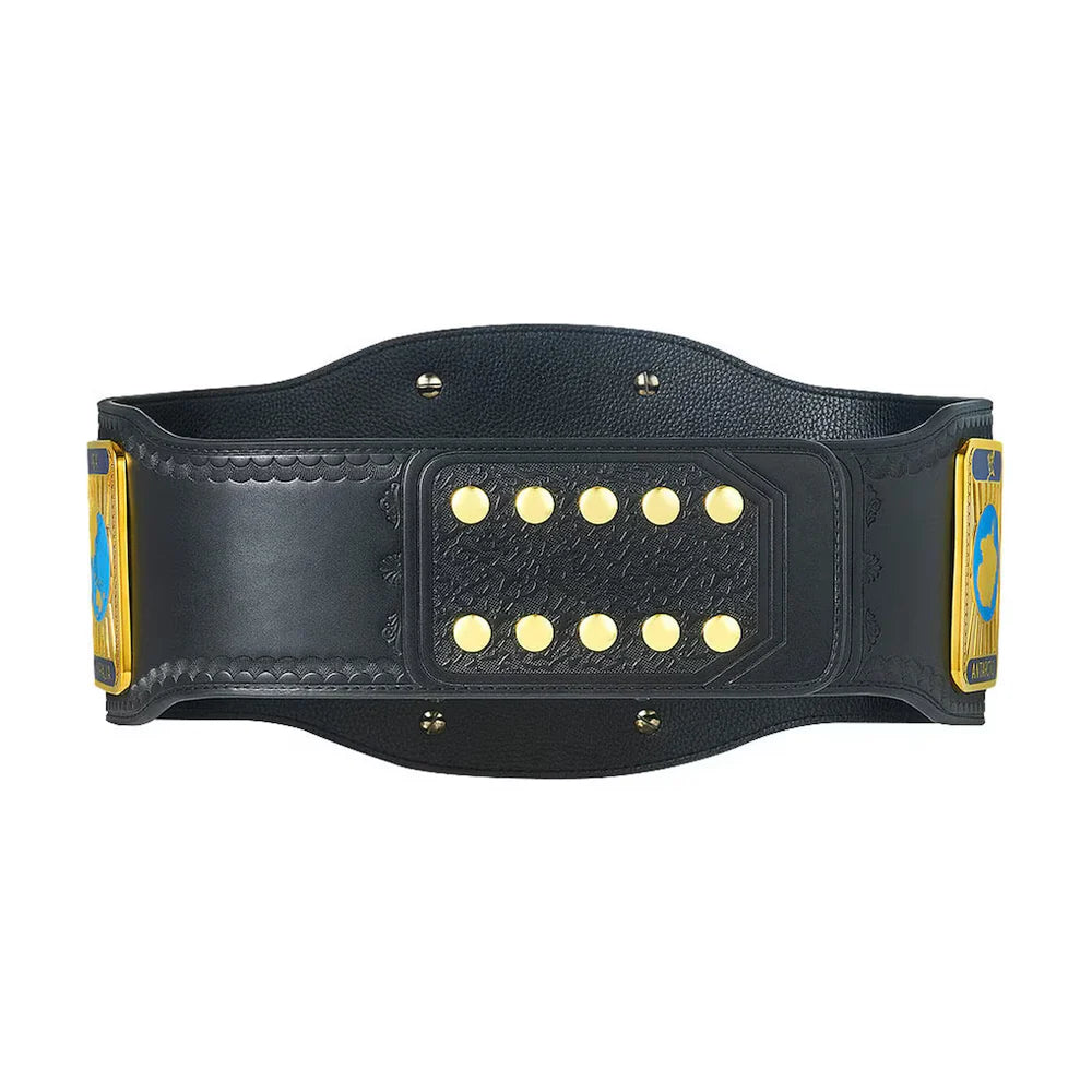 Black leather belt with gold studs on a white background