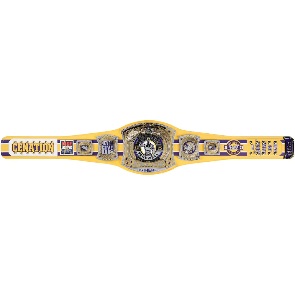A yellow and purple CBN Championship belt with silver-toned metal plates, displayed horizontally against a plain white background.