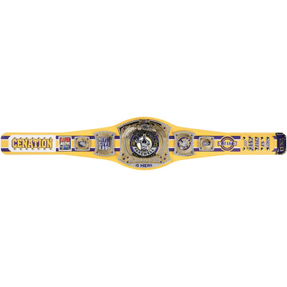 A yellow and purple CBN Championship belt with silver-toned metal plates, displayed horizontally against a plain white background.