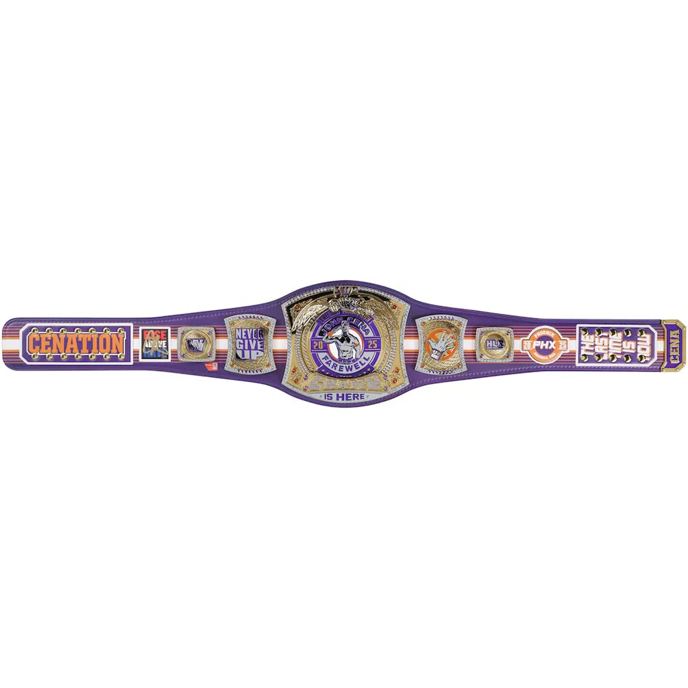 A purple and gold AEW (All In The Night) Championship belt with various sponsor logos and brand emblems, displayed horizontally against a plain white background.