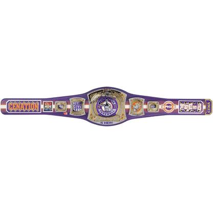 A purple and gold AEW (All In The Night) Championship belt with various sponsor logos and brand emblems, displayed horizontally against a plain white background.