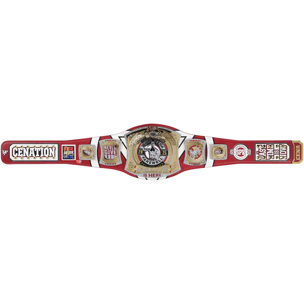 A replica of the WWE Championship belt, featuring a red strap with gold and silver metallic plates, displayed horizontally against a plain white background.