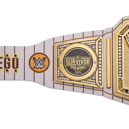 A close-up of a WWE Survivor War Games 2025 championship belt with a white and gold design, featuring the WWE logo and the event title plate.