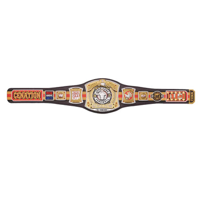 A replica WWE Championship belt laid horizontally on a plain white background. The belt features a black strap with gold, red, and white details, including the 'RAW' logo, 'WWE' text, and the central 'WWE Championship' plaque.