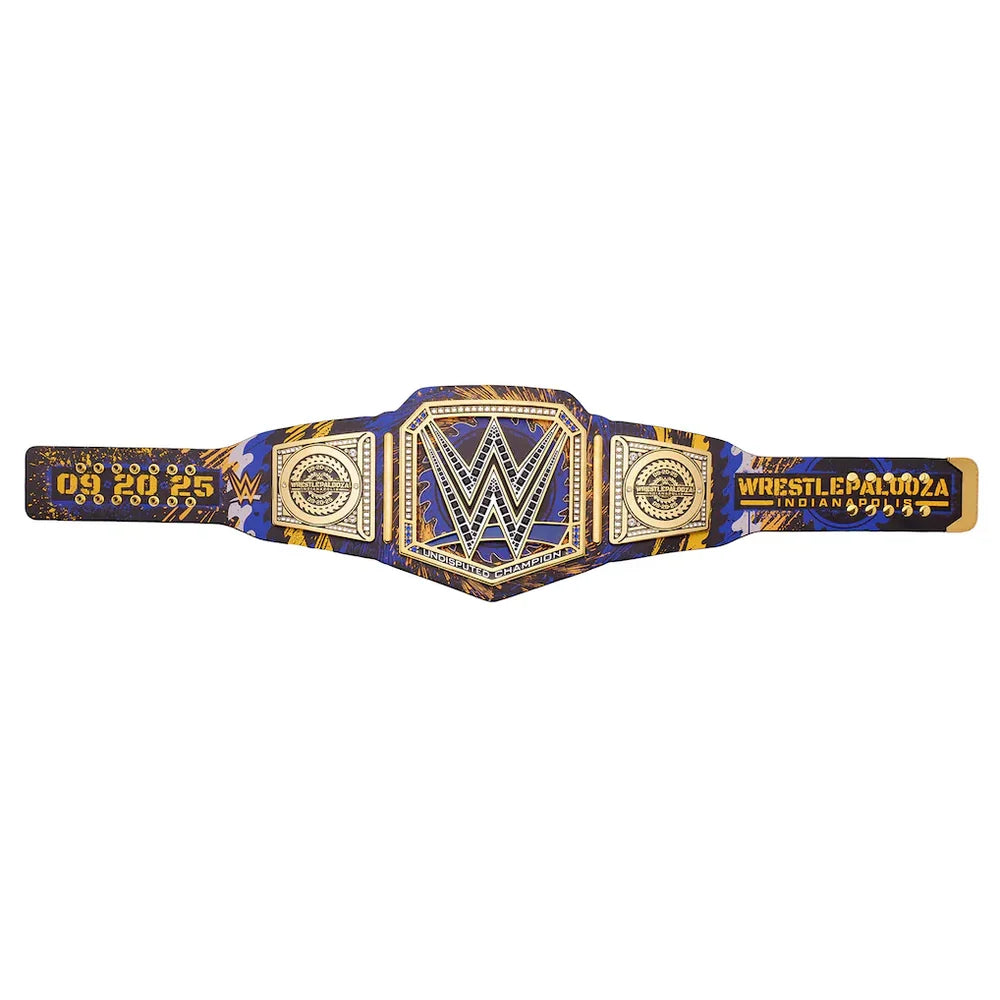 WrestlePanda2 WWE Championship belt featuring a blue and gold patterned strap with a central gold WWE logo plate, displayed on a plain white background.