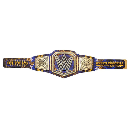 WrestlePanda2 WWE Championship belt featuring a blue and gold patterned strap with a central gold WWE logo plate, displayed on a plain white background.