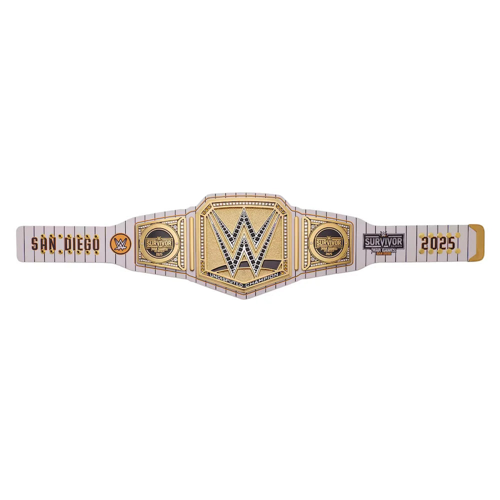 A replica of the WWE San Diego 2025 Raw Championship belt, featuring a gold and white design with blue and black accents, displayed on a solid white background.