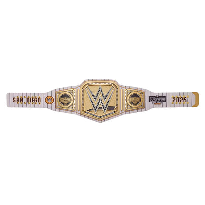 A replica of the WWE San Diego 2025 Raw Championship belt, featuring a gold and white design with blue and black accents, displayed on a solid white background.
