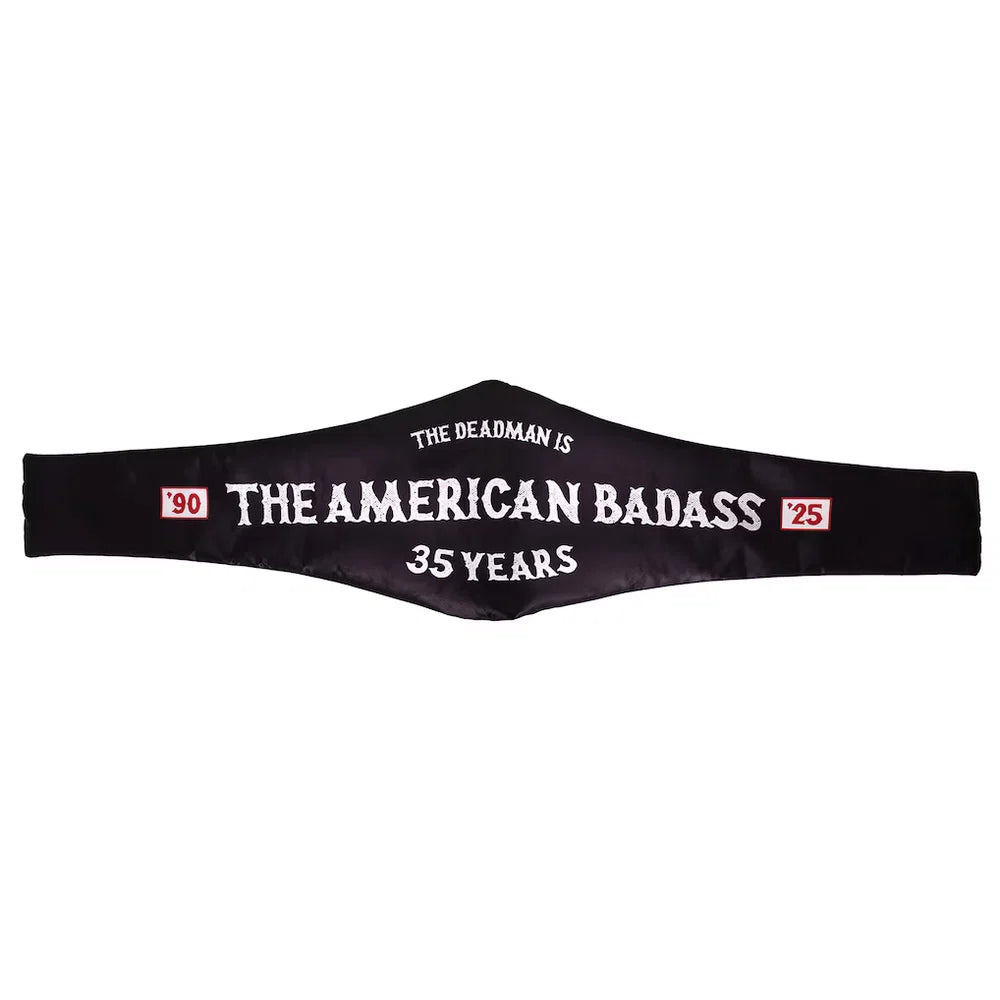 Black belt with white text on a white background