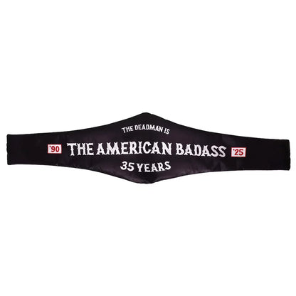 Black belt with white text on a white background