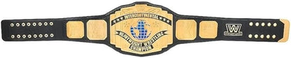 A wrestling championship belt with a black leather strap and a large gold-toned central plaque. The plaque features a blue globe logo and the text 'World Wrestling Federation Championship' with 'WWE' on the right side of the belt.