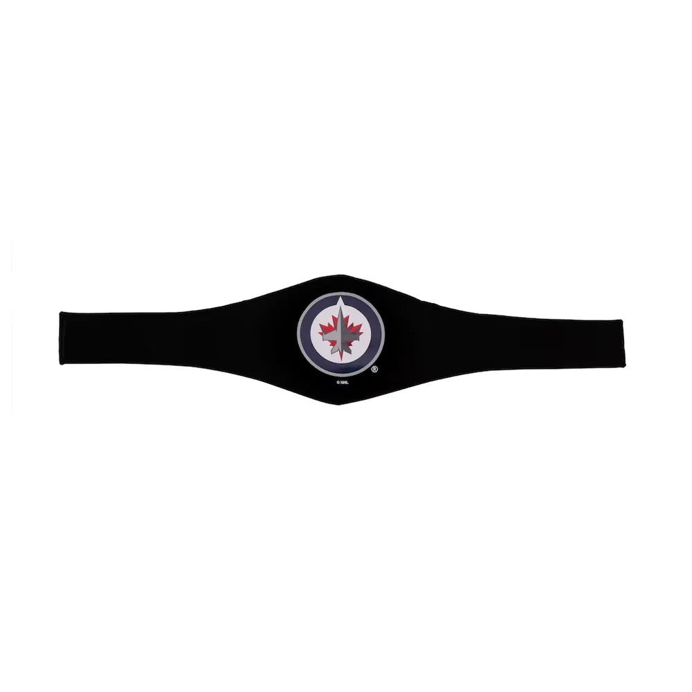 A black athletic waist wrap featuring the Winnipeg Jets NHL logo in the center, displayed against a solid white background.