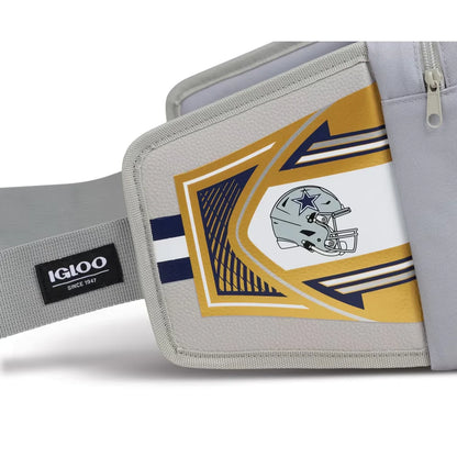 A close-up of a gray IGLOO bungee bag featuring a Dallas Cowboys helmet graphic on the front pocket. The bag has a gray strap with a black IGLOO brand patch and is shown against a clean white background.