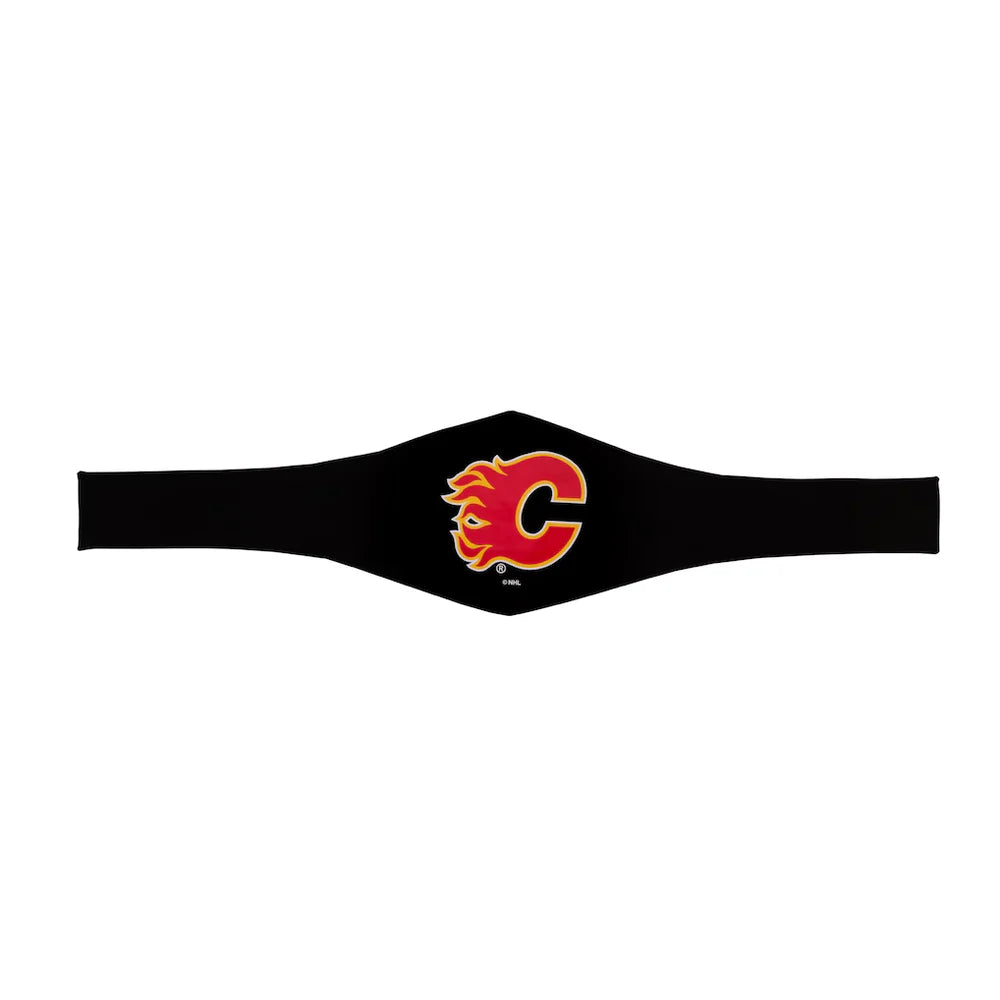 A black athletic headband featuring the Calgary Flames logo in red, orange, and yellow on the front, displayed against a solid white background.