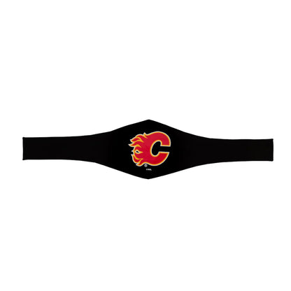 A black athletic headband featuring the Calgary Flames logo in red, orange, and yellow on the front, displayed against a solid white background.