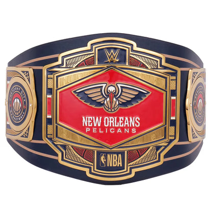 Wrestling championship belt with New Orleans Pelicans and NBA logos on a white background