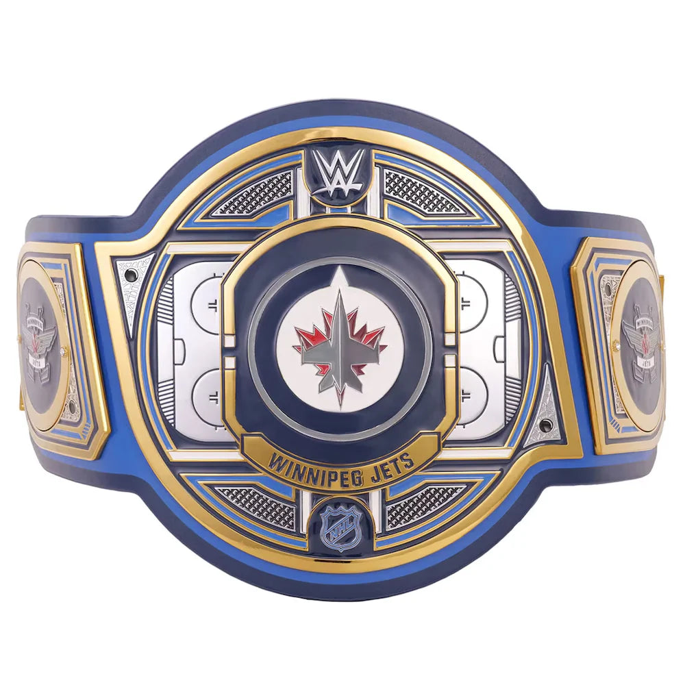Winnipeg Jets championship belt with blue, gold, and white design on a white background