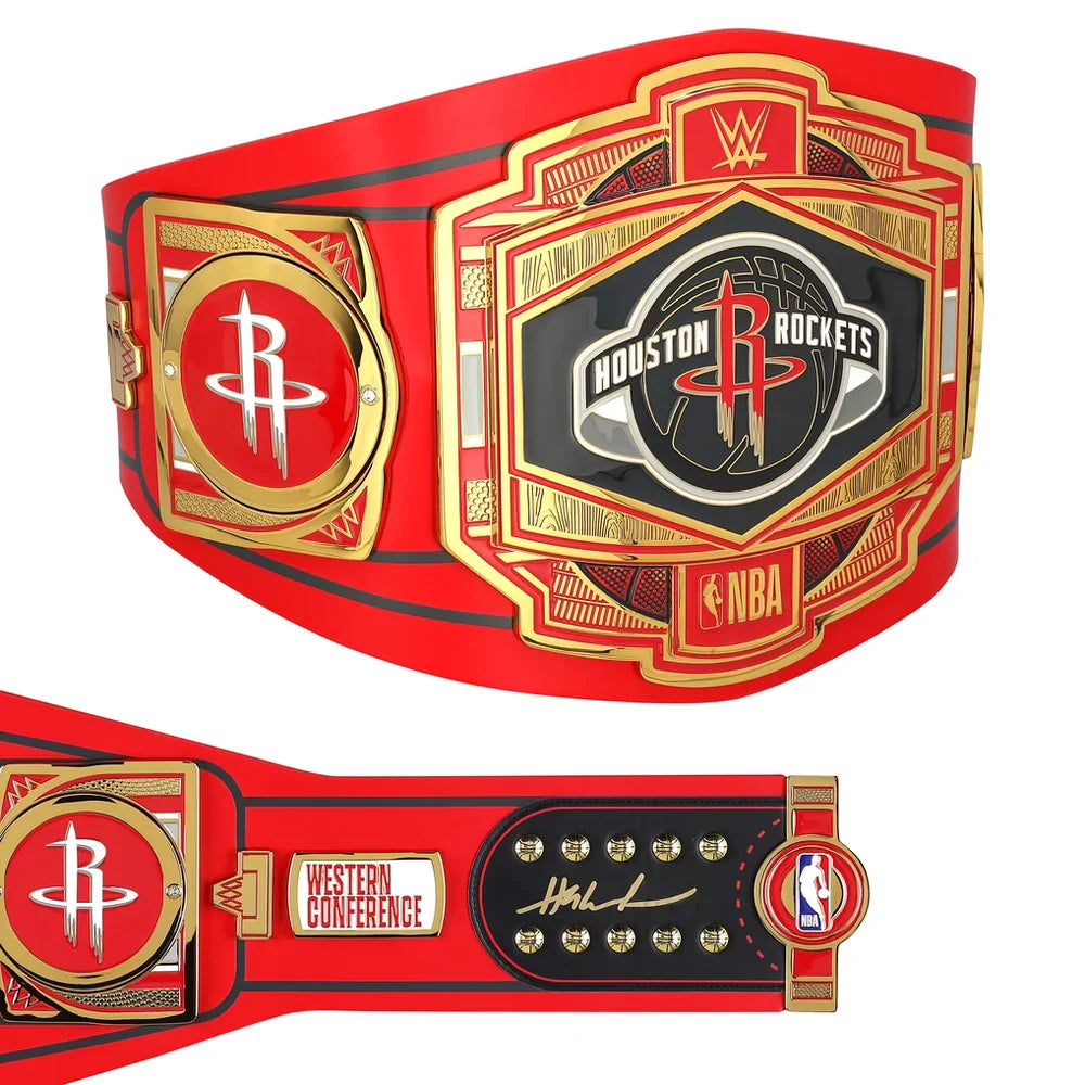 Red and gold championship belt with Houston Rockets logo on a white background
