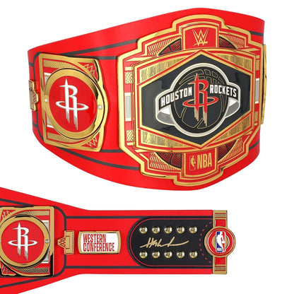 Red and gold championship belt with Houston Rockets logo on a white background