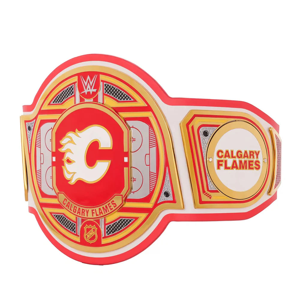 Wrestling championship belt with Calgary Flames logo on a white background