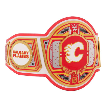 Calgary Flames hockey mask with red, white, and gold colors on a white background