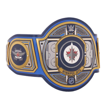 A replica of the WWE Winnipeg Jets hockey championship belt, featuring blue, gold, and white colors with team logos and sports-themed details.