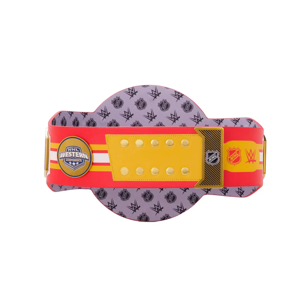 Wrestling championship belt with logos on a white background