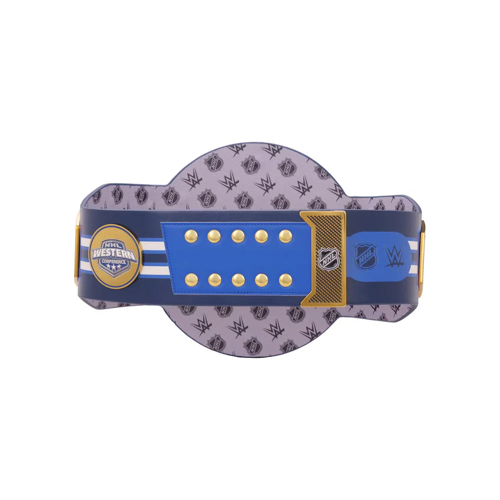 Wrestling championship belt with logos on a white background