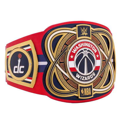 A replica of the WWE Washington Wizards championship belt, featuring a red strap with gold, navy, and white details, and a large central plate with the Washington Wizards logo and NBA branding.