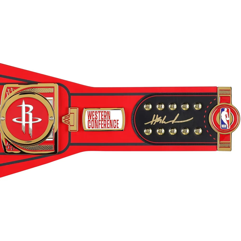 Houston Rockets Western Conference Champions replica championship belt on a white background, featuring the team logo, 'Western Conference' text, gold studs, and an autographed section.