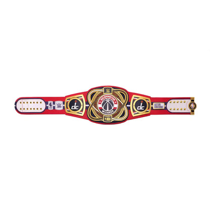Wrestling championship belt with red and gold design on a white background
