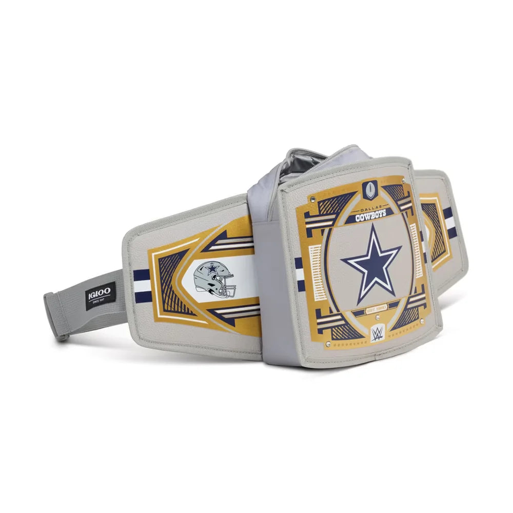 A gray and gold Dallas Cowboys Overlays belt bag with a large star logo on the front, shown on a clean white background.