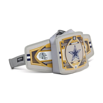 A gray and gold Dallas Cowboys Overlays belt bag with a large star logo on the front, shown on a clean white background.