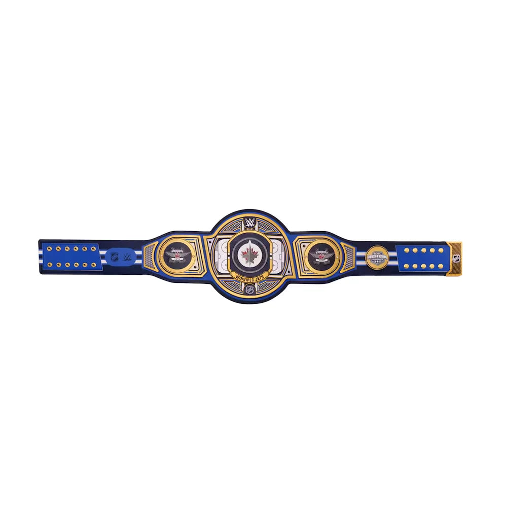 A blue and gold championship belt with a central circular medallion and two side plates, displayed horizontally on a plain white background.