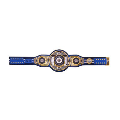 A blue and gold championship belt with a central circular medallion and two side plates, displayed horizontally on a plain white background.