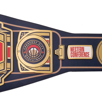 Championship belt with 'Western Conference' and 'Crescent City Basketball' branding on a white background