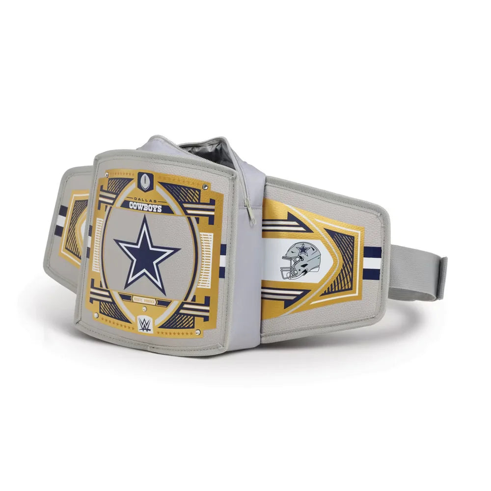 A Dallas Cowboys themed belt bag or waist bag shown on a clean white background. The bag features a large silver-toned metal plate with the blue Dallas Cowboys star logo, gold and navy geometric accents, and a small helmet graphic on the side.