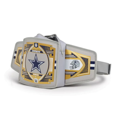 A Dallas Cowboys themed belt bag or waist bag shown on a clean white background. The bag features a large silver-toned metal plate with the blue Dallas Cowboys star logo, gold and navy geometric accents, and a small helmet graphic on the side.
