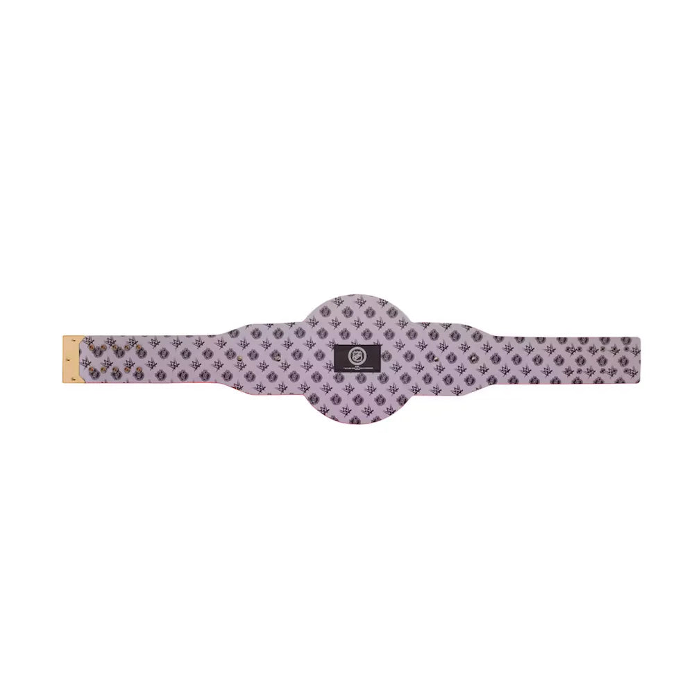 Patterned belt with a brand logo on a white background