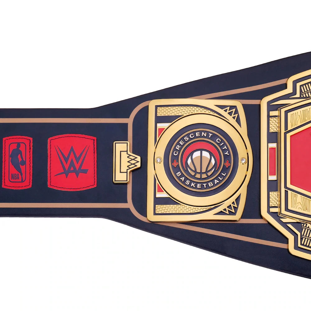 Wrestling championship belt with logos on a white background