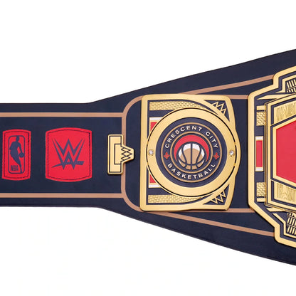 Wrestling championship belt with logos on a white background