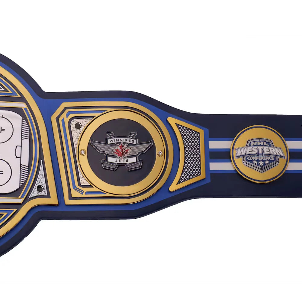 NHL championship belt with logos on a white background